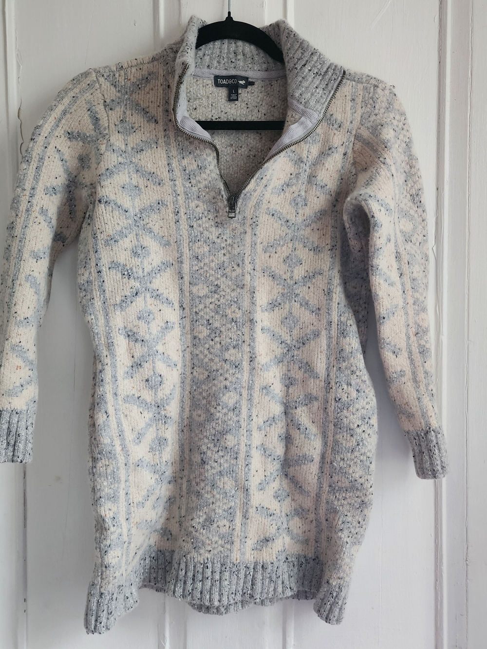 Toad & Co Women's L Lambswool Blend Quarter Zip Pullover Sweater Blue Cream Gray